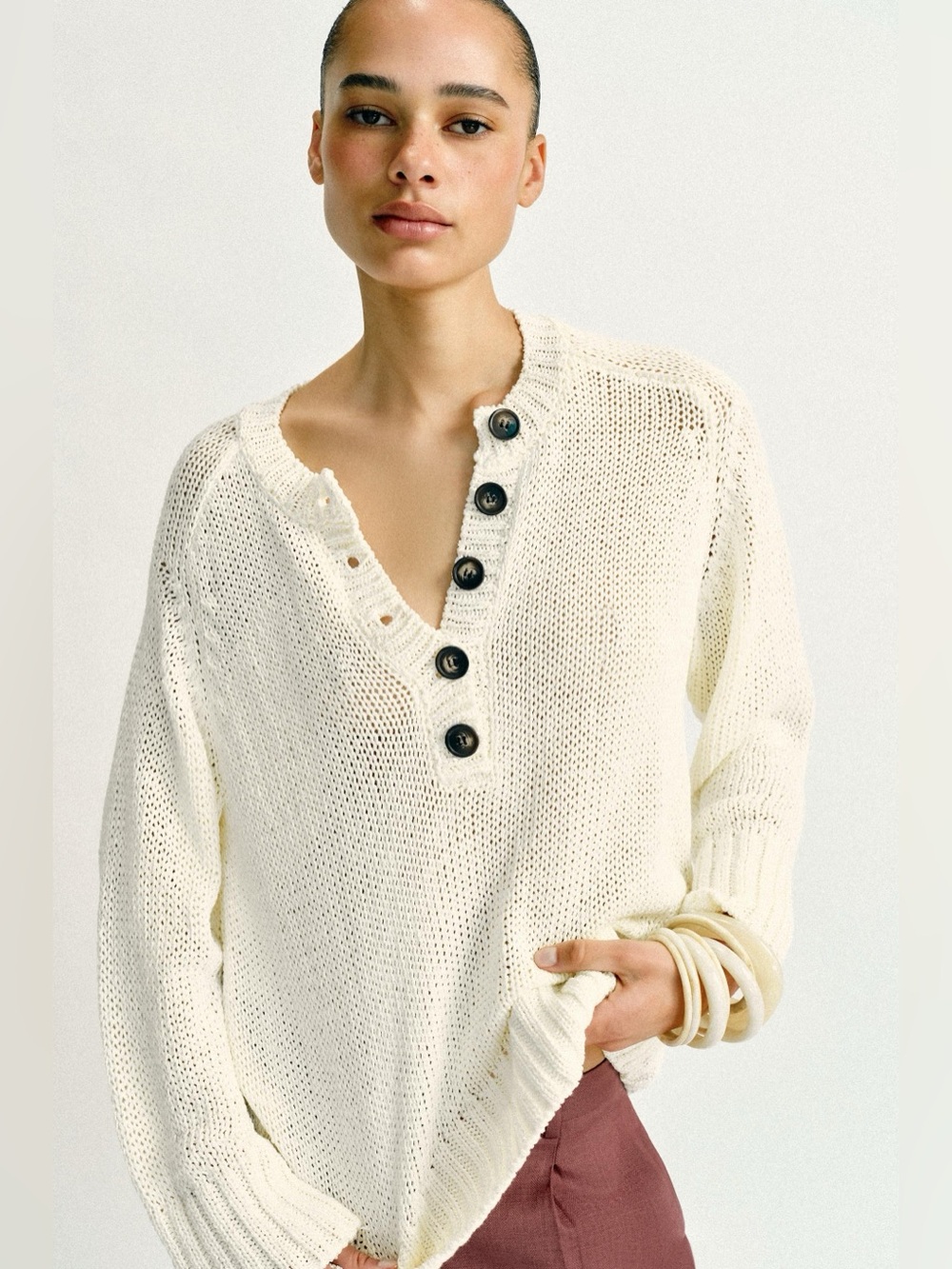 ZARA Fall Minimalist Buttoned Knit Jumper Sweater Cream White Size Small NWT